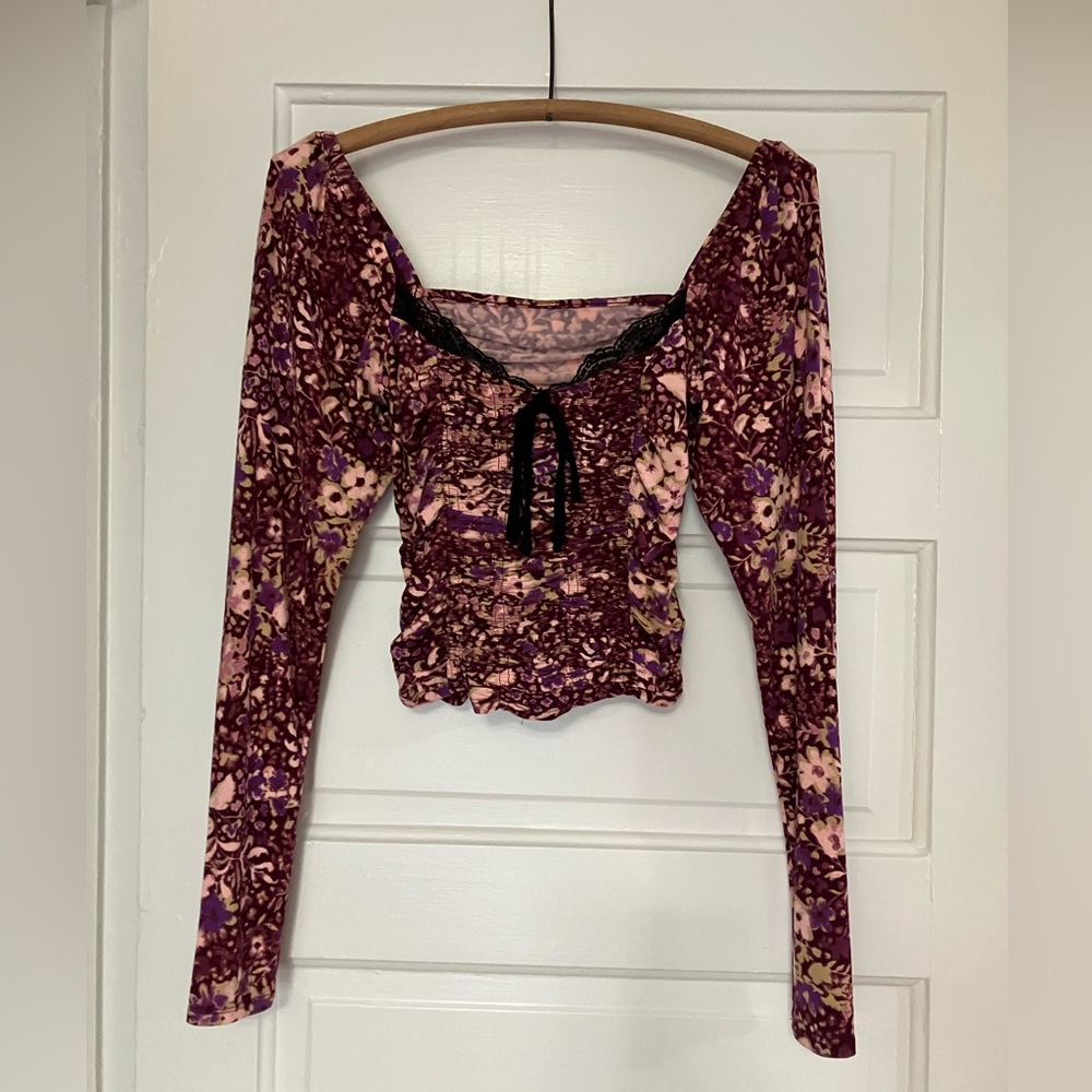 Free People Ruched Floral Long Sleeve Peasant Top